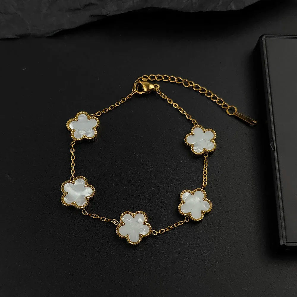 Mussel five-leaf plum blossom stainless steel women's exquisite chain bracelet, 18K gold plated, light luxury, lucky jewelry