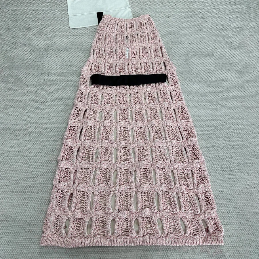 NIGO Women's Spring/Summer V-neck Bow Strap Solid Color Hollow Cotton Sleeveless Dresses #hz1115