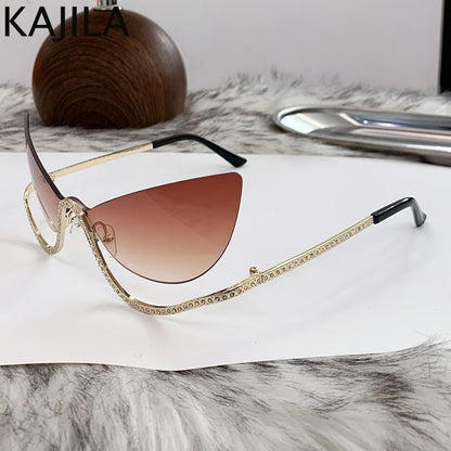 Retro Rhinestone Cat Eye Rimless Punk Sunglasses Women 2025 Luxury Brand Vintage Metal Frameless Sun Glasses Travelling Shades