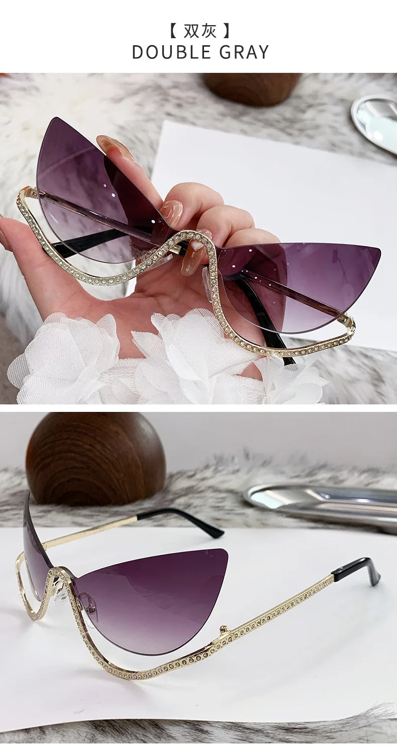 Retro Rhinestone Cat Eye Rimless Punk Sunglasses Women 2025 Luxury Brand Vintage Metal Frameless Sun Glasses Travelling Shades