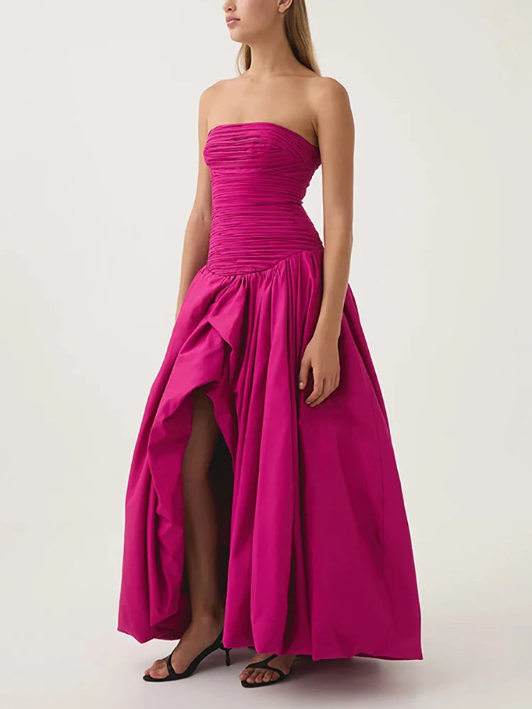 Sexy Strapless Printed Split Deign Long Bubble Dress Women Sleeveless Backless High Waist Patchwork Folds Dresses Evening Party