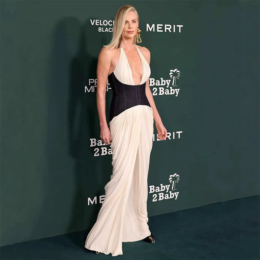 Celebrity Women's Photography Party Evening Gown Corset - style Top Backless Sexy Halter Neck Contrasting Color Long Dress