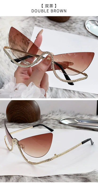Retro Rhinestone Cat Eye Rimless Punk Sunglasses Women 2025 Luxury Brand Vintage Metal Frameless Sun Glasses Travelling Shades