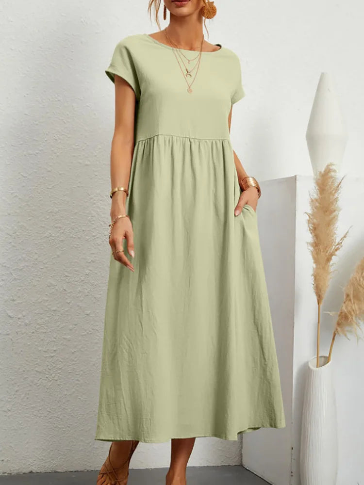 Women Vintage Solid Dress 2025 Summer Elegant O Neck Short Sleeve Cotton Linen Dresses Female Casual Loose Sundress Long Dress