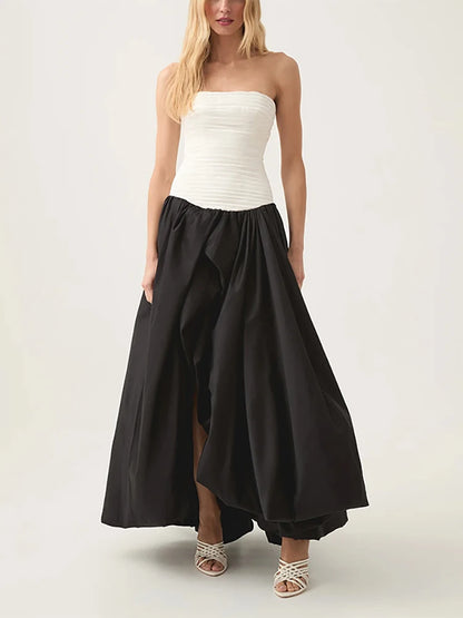 Sexy Strapless Printed Split Deign Long Bubble Dress Women Sleeveless Backless High Waist Patchwork Folds Dresses Evening Party