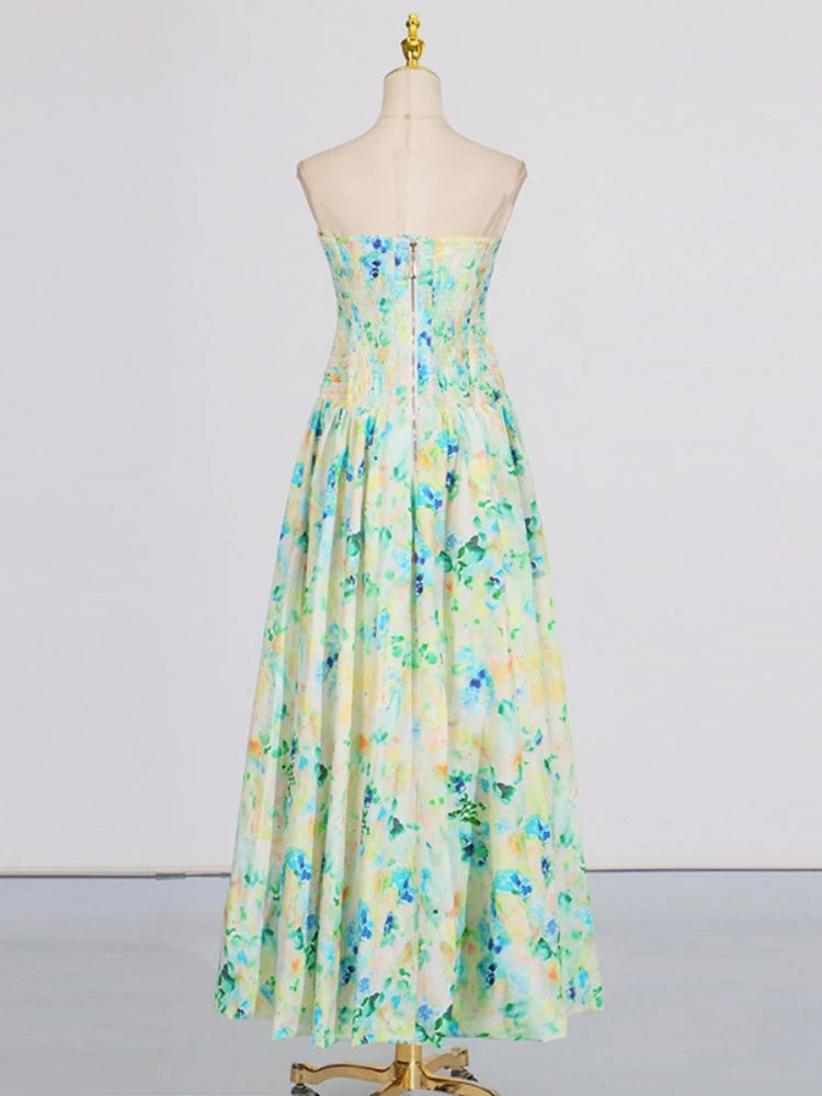 Sexy Strapless Printed Split Deign Long Bubble Dress Women Sleeveless Backless High Waist Patchwork Folds Dresses Evening Party