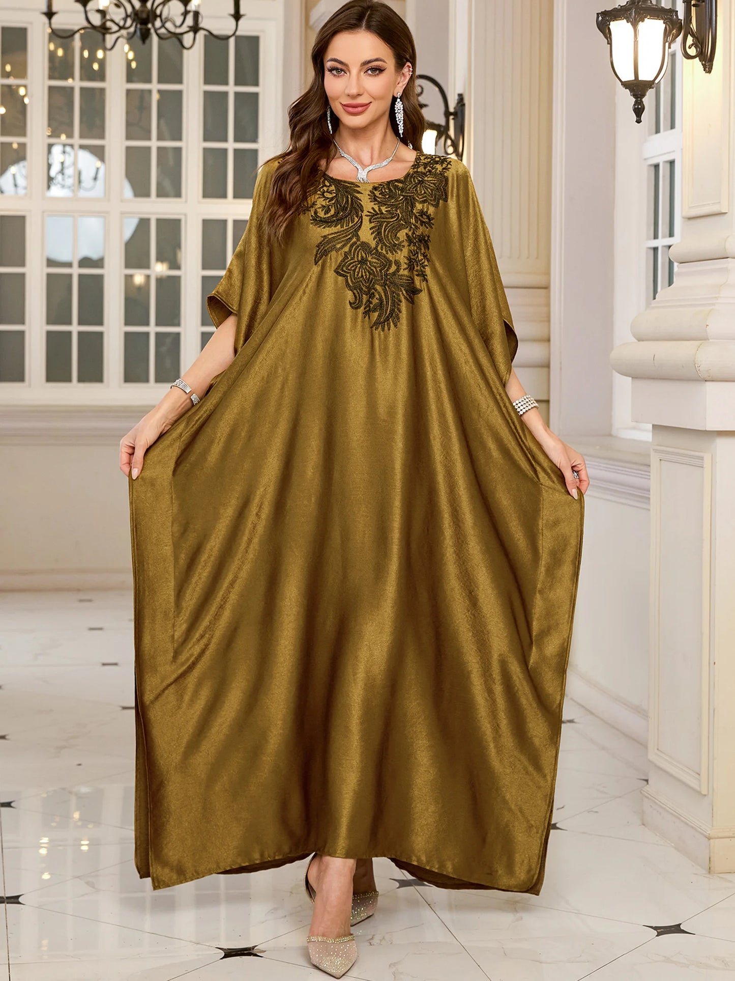 2024 Vintage Embroidery Kaftan Sexy V-neck Batwing Sleeve High Waist Maxi Dress Tunic Women Clothing Summer Beach Dresses Q660