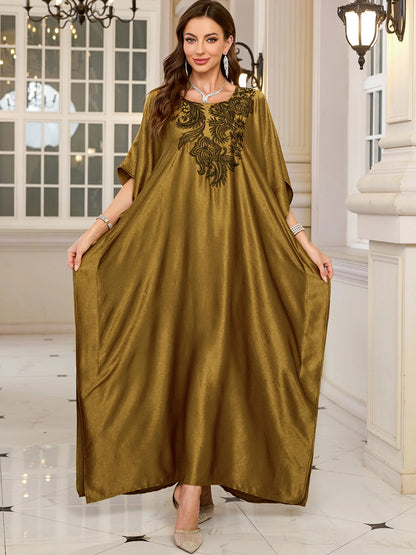 2024 Vintage Embroidery Kaftan Sexy V-neck Batwing Sleeve High Waist Maxi Dress Tunic Women Clothing Summer Beach Dresses Q660