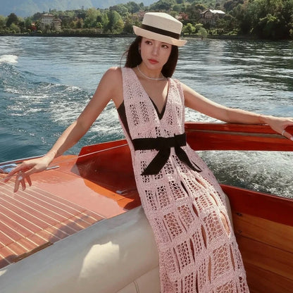 NIGO Women's Spring/Summer V-neck Bow Strap Solid Color Hollow Cotton Sleeveless Dresses #hz1115