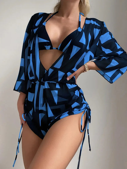 Sexy Print Bikini Set Three Piece Swimming Suits Bathing Suit Woman Beachwear High Waist Drawstring Swimsuit Women Swimwear