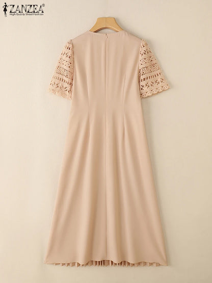 ZANZEA Elegant Summer Short Sleeve Pleated Party Sundress Fashion Women Lace Patchwork Dresses 2025 Stylish Work OL Vestidos