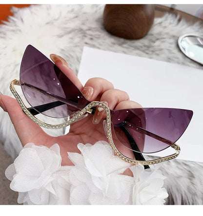 Retro Rhinestone Cat Eye Rimless Punk Sunglasses Women 2025 Luxury Brand Vintage Metal Frameless Sun Glasses Travelling Shades