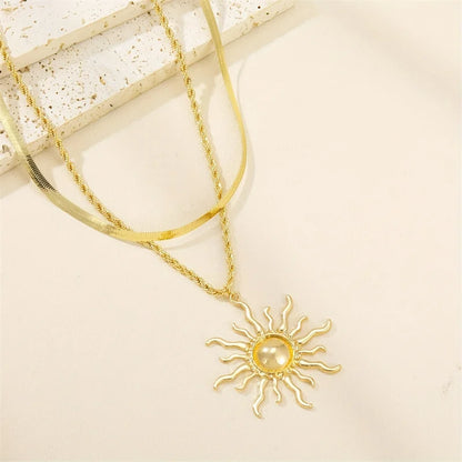Exaggerated Big Sun Pendant Necklace for Women Trendy Double Layer Snake Bone Chain Necklace Summer Jewelry Accessories