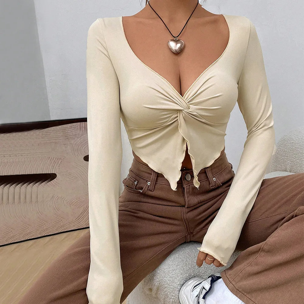 Fairyshely 2025 Autumn Winter V Neck Bodycon T-shirt Sexy Women Long Sleeve Bodycon Crop Top Lady Apricot Y2K Clud Short Tops