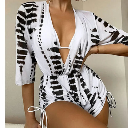 Sexy Print Bikini Set Three Piece Swimming Suits Bathing Suit Woman Beachwear High Waist Drawstring Swimsuit Women Swimwear