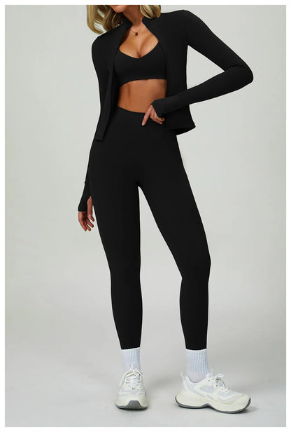2PCS Yoga Clothing Set Women's High Waisted Leggings 3 Piece Fitness Suit Coat Jacket Exercise Wear Fitness Workout Underwear ﻿