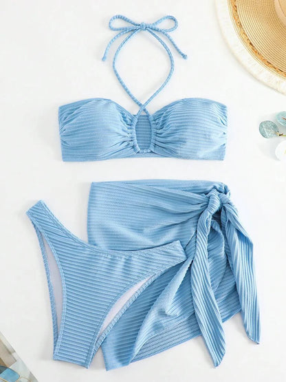 2025 Solid Halter String 3 Piece Bikini String Skirt Swimsuit Women Swimwear Female Bather Bathing Swimming Swim Suit Beachwear