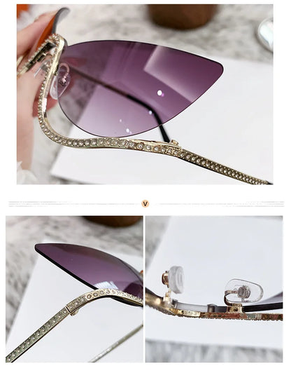 Retro Rhinestone Cat Eye Rimless Punk Sunglasses Women 2025 Luxury Brand Vintage Metal Frameless Sun Glasses Travelling Shades