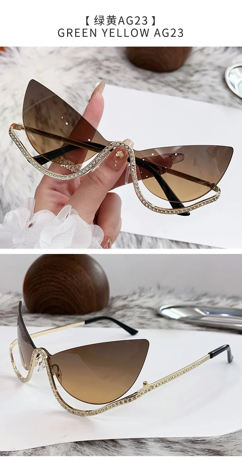 Retro Rhinestone Cat Eye Rimless Punk Sunglasses Women 2025 Luxury Brand Vintage Metal Frameless Sun Glasses Travelling Shades
