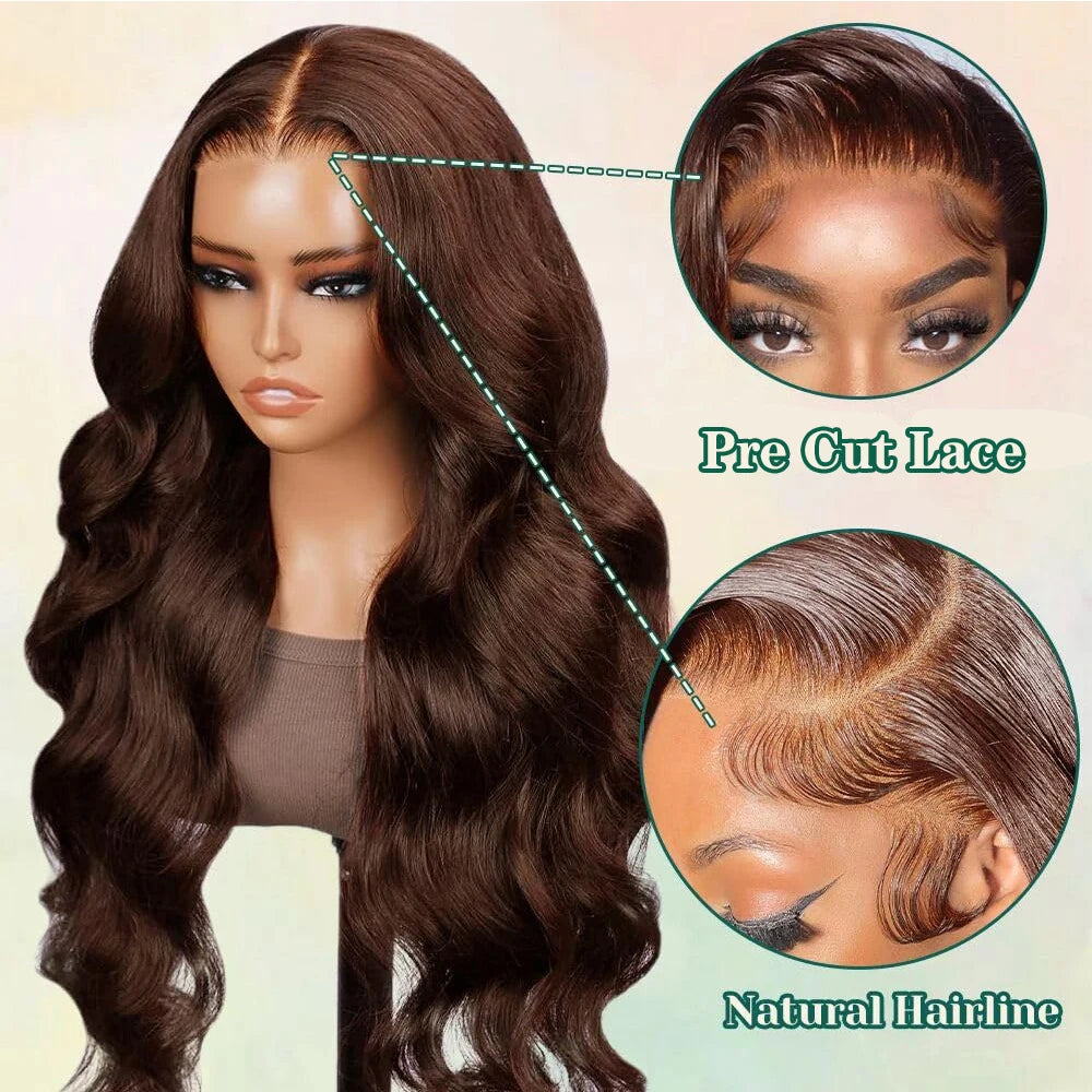 Chocolate Brown Glueless Wigs Human Hair Transparent 13x4 HD Lace Frontal Wig Ready To Wear And Go Body Wave Lace Front Wig