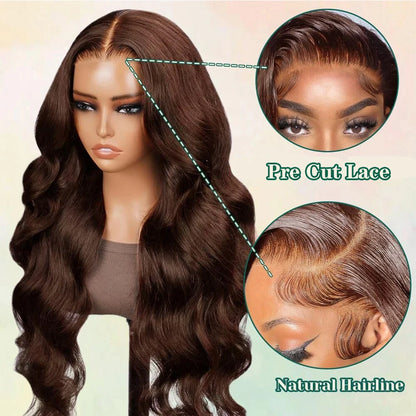 Chocolate Brown Glueless Wigs Human Hair Transparent 13x4 HD Lace Frontal Wig Ready To Wear And Go Body Wave Lace Front Wig