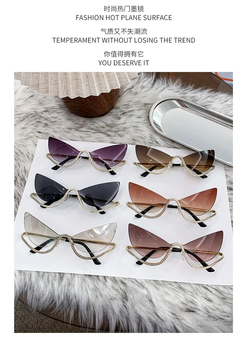 Retro Rhinestone Cat Eye Rimless Punk Sunglasses Women 2025 Luxury Brand Vintage Metal Frameless Sun Glasses Travelling Shades