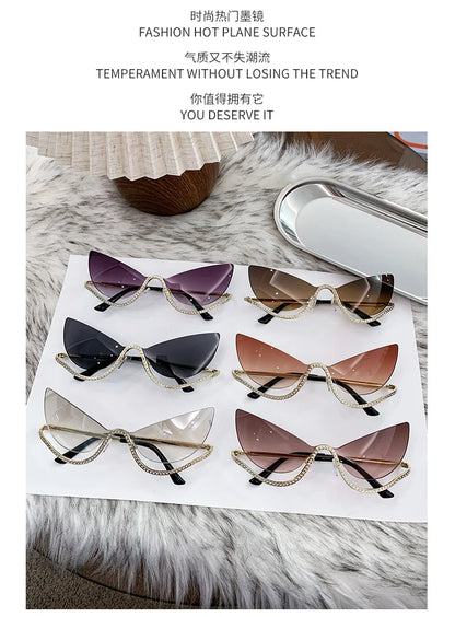 Retro Rhinestone Cat Eye Rimless Punk Sunglasses Women 2025 Luxury Brand Vintage Metal Frameless Sun Glasses Travelling Shades