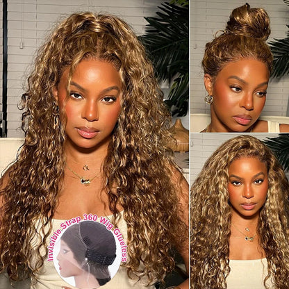 200 Density Invisible Strap Highlight 360 Full Hd Lace Front Wig Honey Blonde Deep Wave Frontal Wig Glueless Wig Human Hair