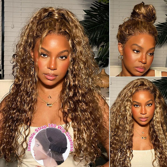 200 Density Invisible Strap Highlight 360 Full Hd Lace Front Wig Honey Blonde Deep Wave Frontal Wig Glueless Wig Human Hair