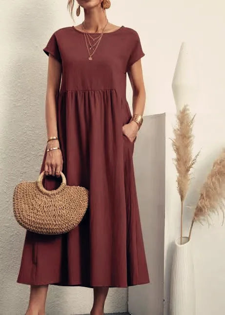 Women Vintage Solid Dress 2025 Summer Elegant O Neck Short Sleeve Cotton Linen Dresses Female Casual Loose Sundress Long Dress