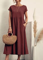 Women Vintage Solid Dress 2025 Summer Elegant O Neck Short Sleeve Cotton Linen Dresses Female Casual Loose Sundress Long Dress