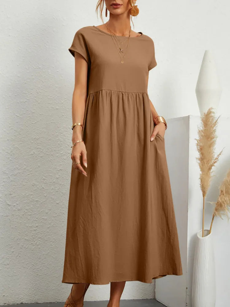 Women Vintage Solid Dress 2025 Summer Elegant O Neck Short Sleeve Cotton Linen Dresses Female Casual Loose Sundress Long Dress