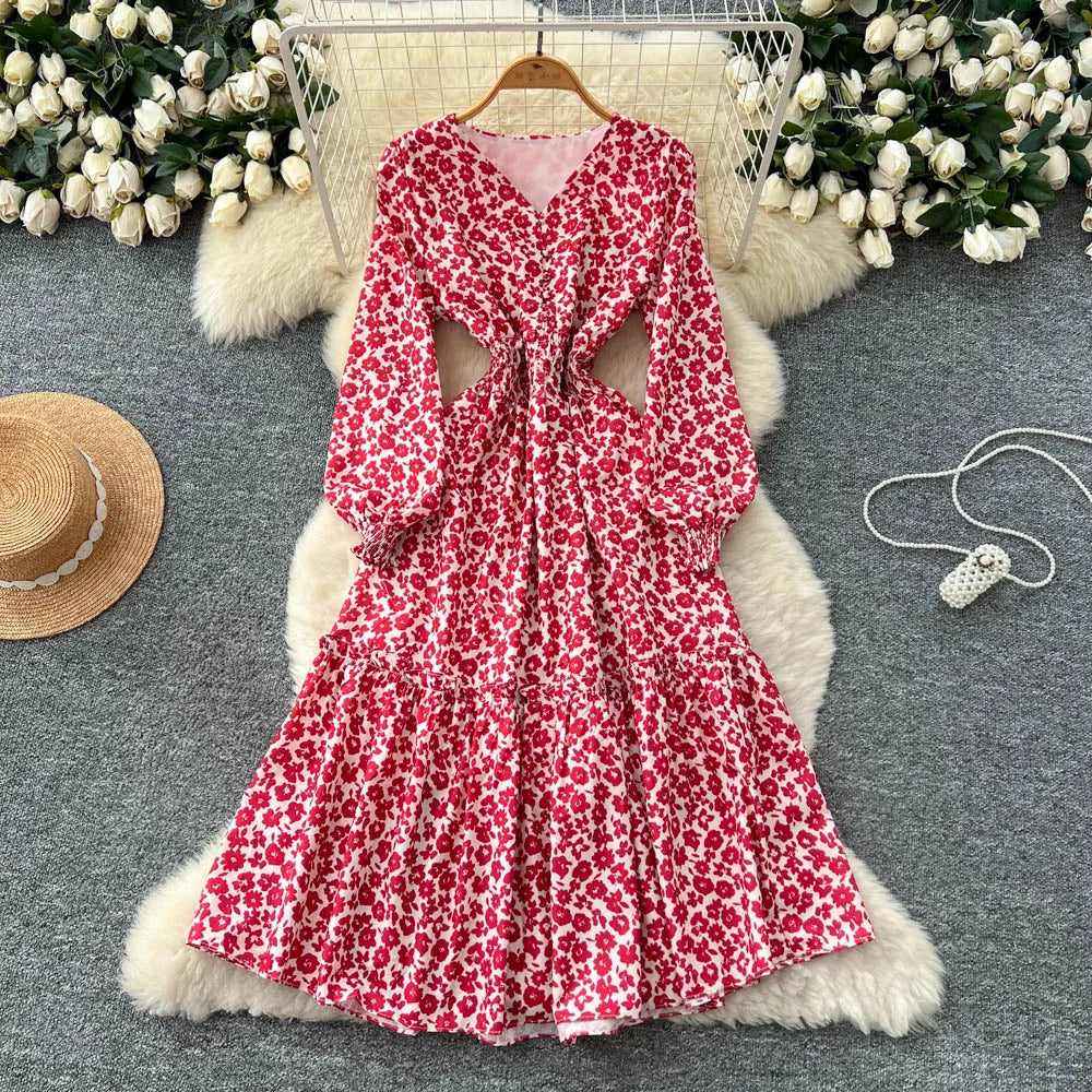 Chic vintage lantern sleeve print long sleeve slim Fairy korean fashion dress women clothing dress
