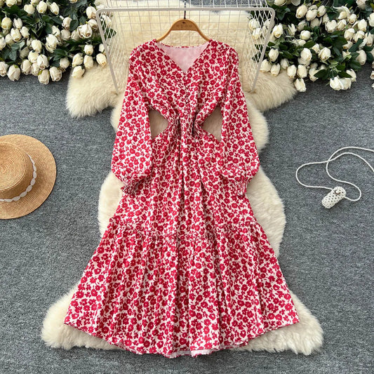 Chic vintage lantern sleeve print long sleeve slim Fairy korean fashion dress women clothing dress