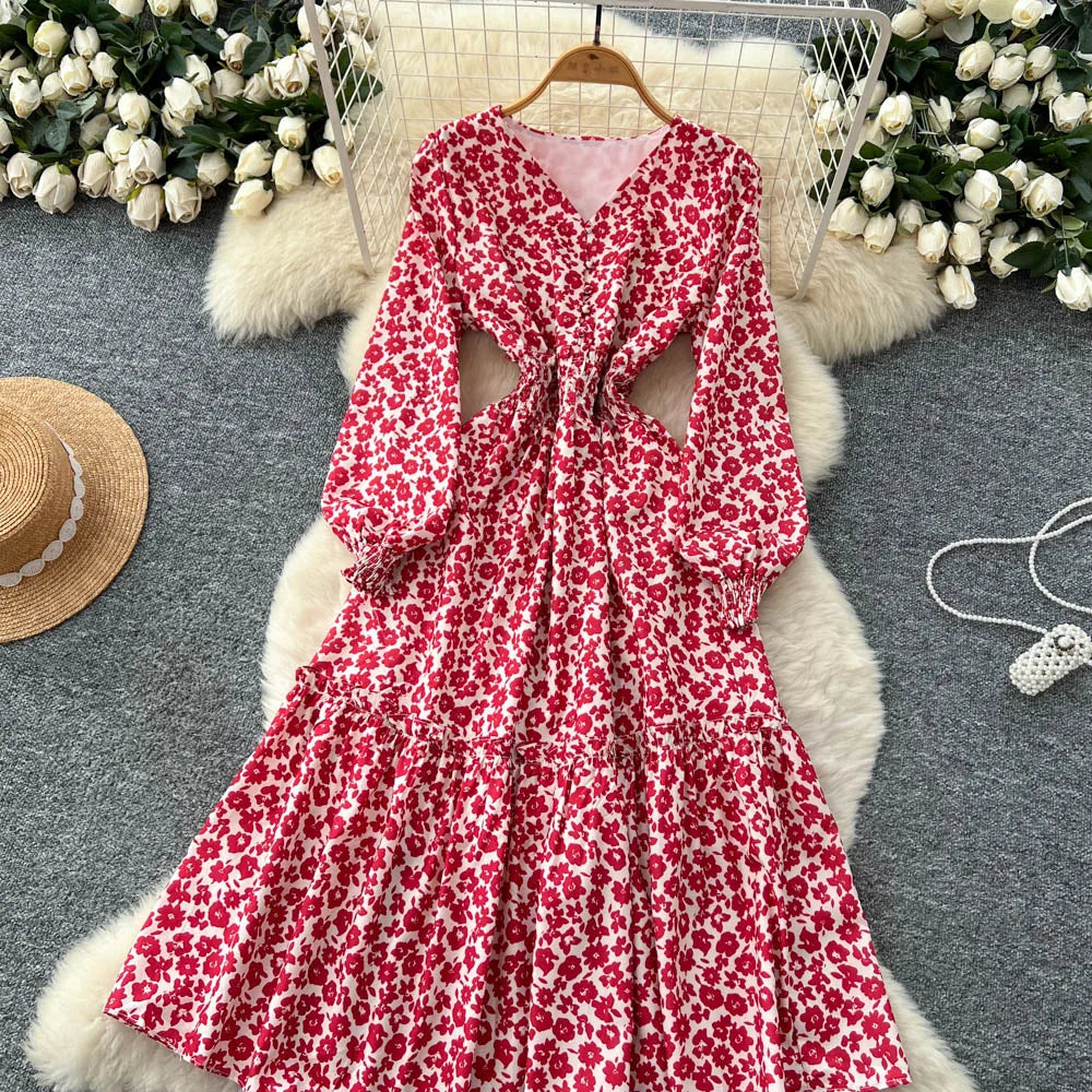 Chic vintage lantern sleeve print long sleeve slim Fairy korean fashion dress women clothing dress