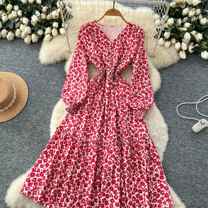Chic vintage lantern sleeve print long sleeve slim Fairy korean fashion dress women clothing dress