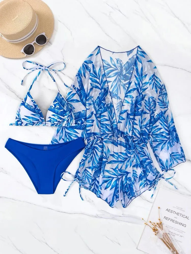 Sexy Print Bikini Set Three Piece Swimming Suits Bathing Suit Woman Beachwear High Waist Drawstring Swimsuit Women Swimwear