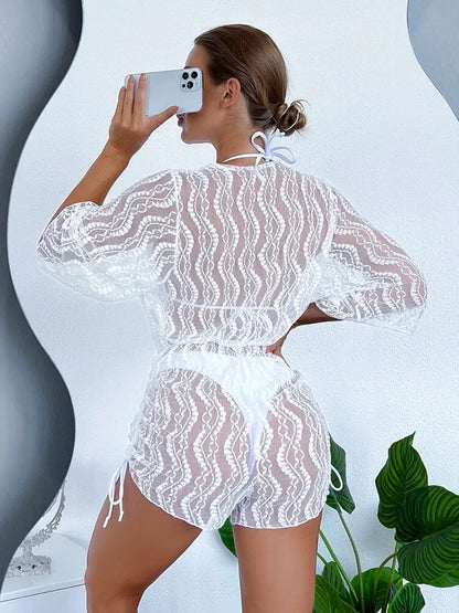 Sexy Print Bikini Set Three Piece Swimming Suits Bathing Suit Woman Beachwear High Waist Drawstring Swimsuit Women Swimwear