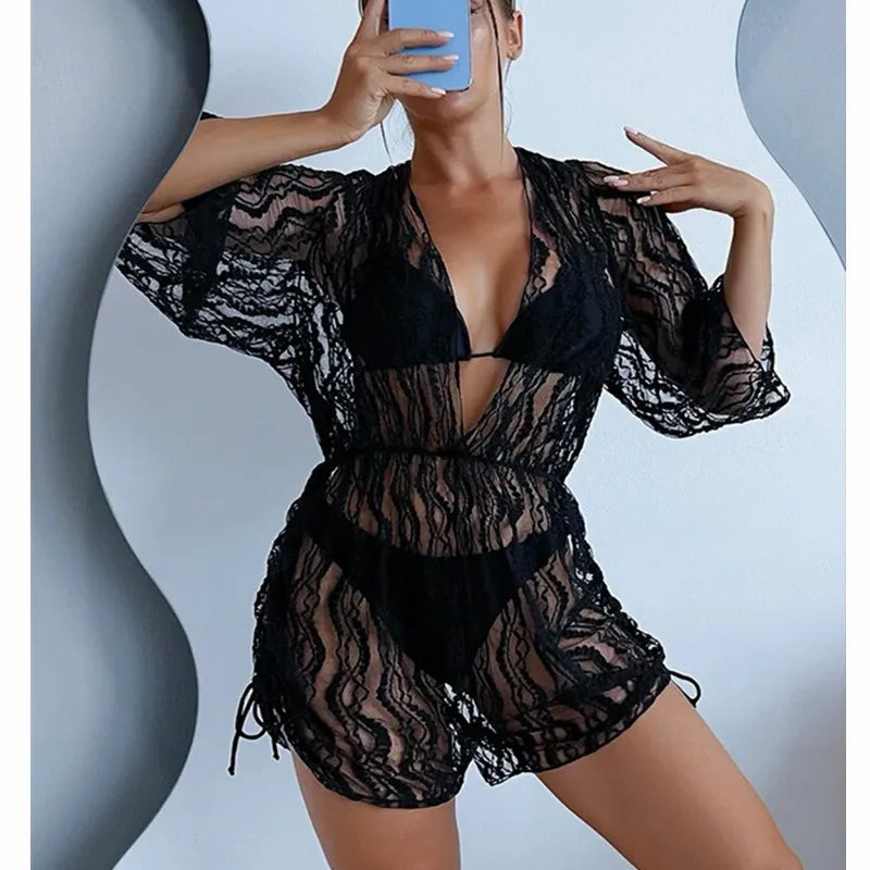 Sexy Print Bikini Set Three Piece Swimming Suits Bathing Suit Woman Beachwear High Waist Drawstring Swimsuit Women Swimwear