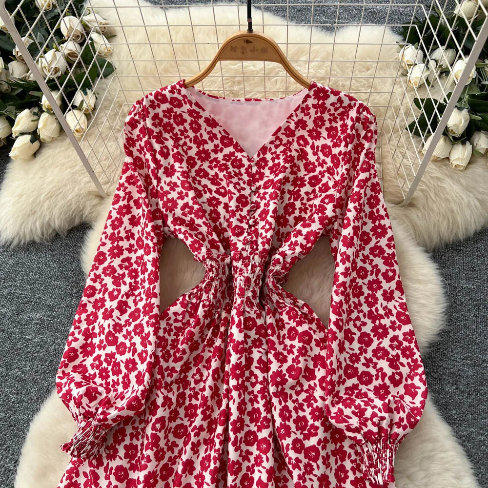 Chic vintage lantern sleeve print long sleeve slim Fairy korean fashion dress women clothing dress