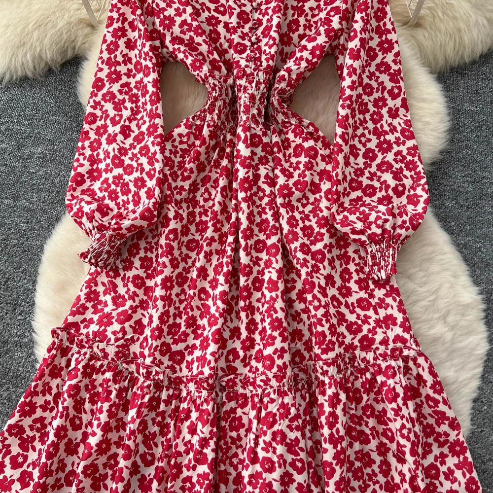 Chic vintage lantern sleeve print long sleeve slim Fairy korean fashion dress women clothing dress