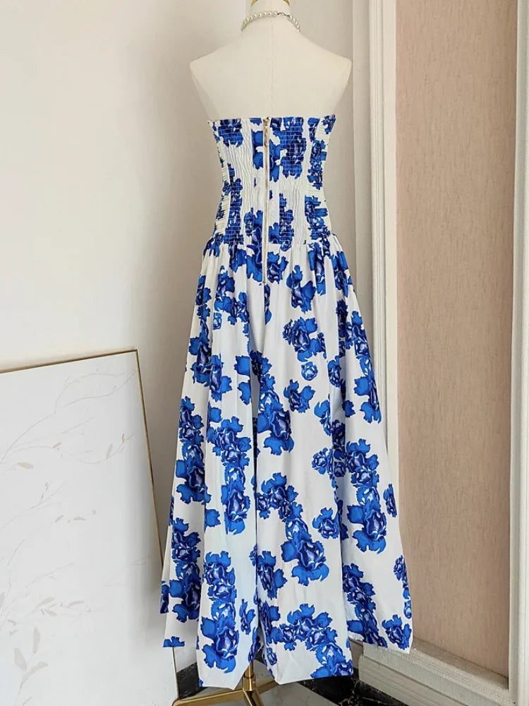 Sexy Strapless Printed Split Deign Long Bubble Dress Women Sleeveless Backless High Waist Patchwork Folds Dresses Evening Party