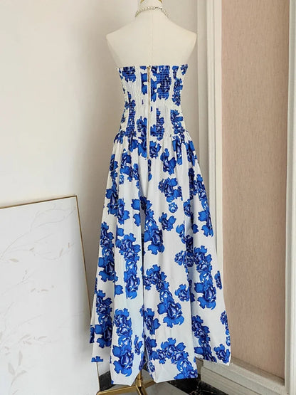 Sexy Strapless Printed Split Deign Long Bubble Dress Women Sleeveless Backless High Waist Patchwork Folds Dresses Evening Party