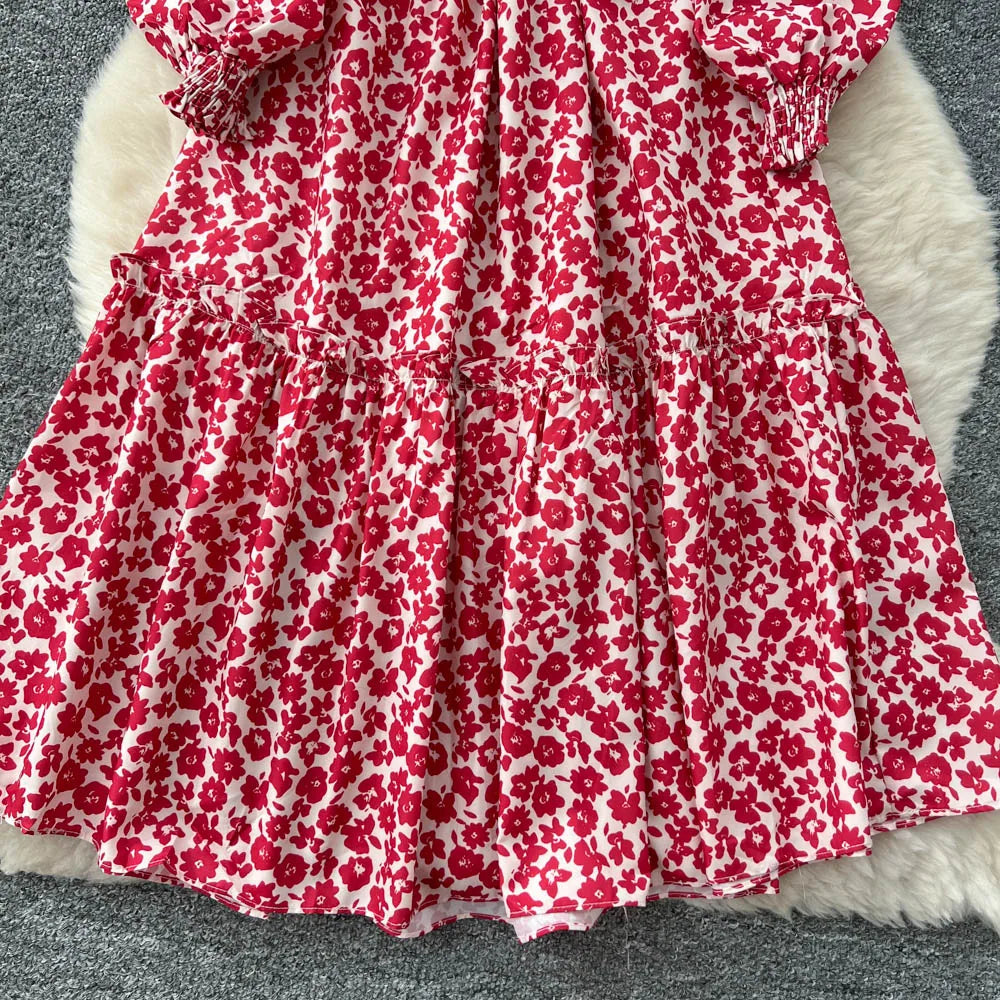 Chic vintage lantern sleeve print long sleeve slim Fairy korean fashion dress women clothing dress