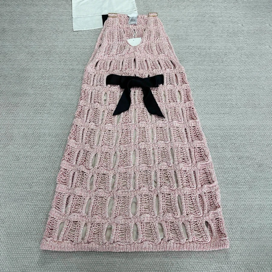 NIGO Women's Spring/Summer V-neck Bow Strap Solid Color Hollow Cotton Sleeveless Dresses #hz1115