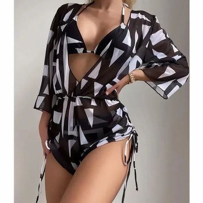 Sexy Print Bikini Set Three Piece Swimming Suits Bathing Suit Woman Beachwear High Waist Drawstring Swimsuit Women Swimwear