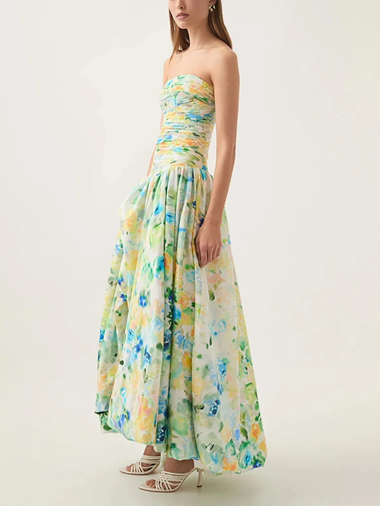 Sexy Strapless Printed Split Deign Long Bubble Dress Women Sleeveless Backless High Waist Patchwork Folds Dresses Evening Party