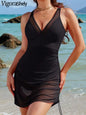 Vigoashely 2025 Solid Mesh Patchwork Swimwear Women Sexy Push Up One Piece Swimsuit Monokini Lady Brazilian Beach Bathing Suit