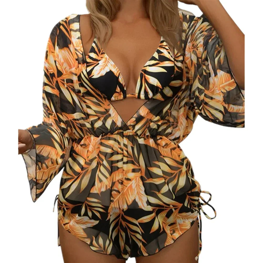 Sexy Print Bikini Set Three Piece Swimming Suits Bathing Suit Woman Beachwear High Waist Drawstring Swimsuit Women Swimwear