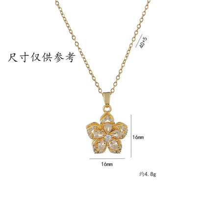 Light Luxury Shiny Zircon Rotatable Flower Pendant Necklace For Women Stainless Steel Romantic Spin Floral Plant Choker Jewelry